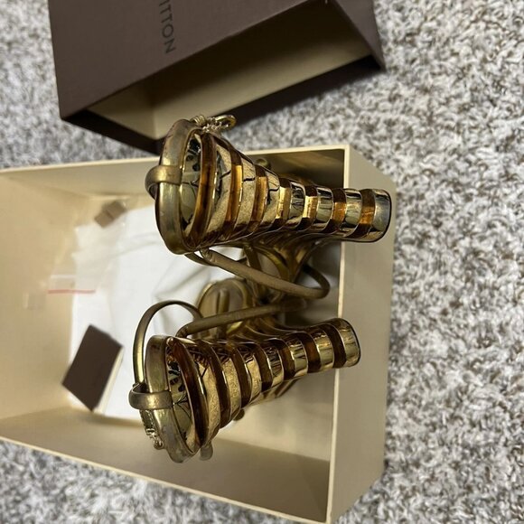 RARE Louis Vuitton Metallic Gold Strappy Shoes Sandal Wedge/Heel Combo - Picture 3 of 4